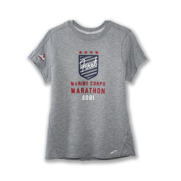 Brooks Distance Graphic tee Women's Short Sleeve Running Shirt - Heather Ash/1st MCM/Grey (76324-KPQ